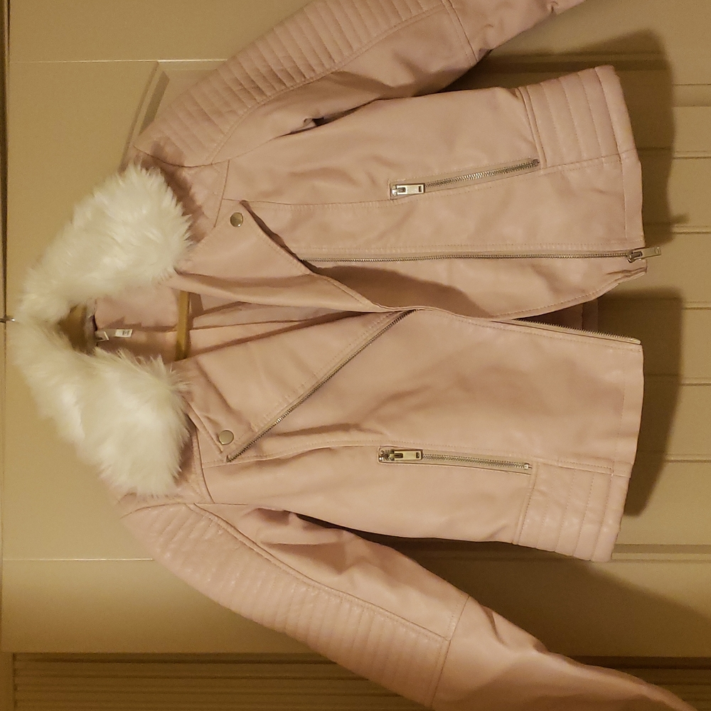 Pink faux leather moto jacket